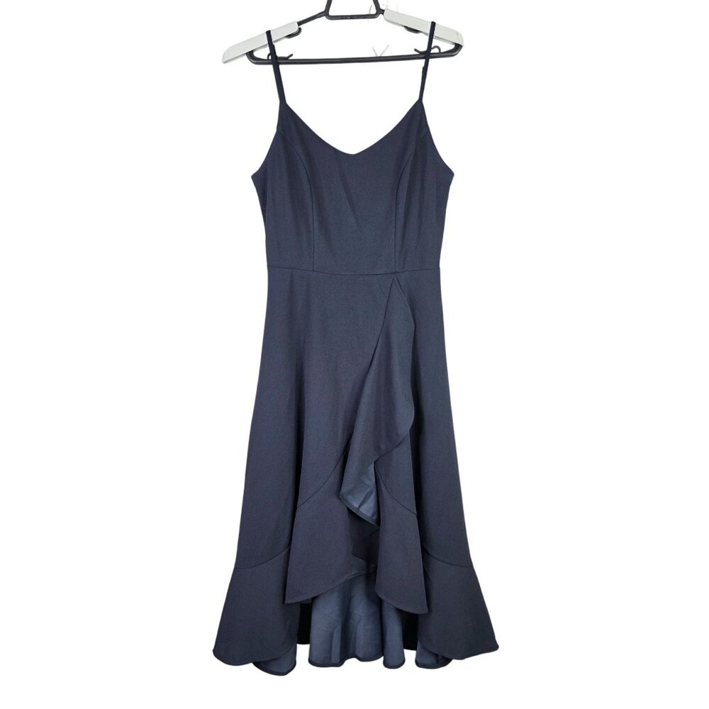 Womens Dress Tells Blue Spaghetti Strap Midi Dress Ruffled Hem Nylon Stretch S